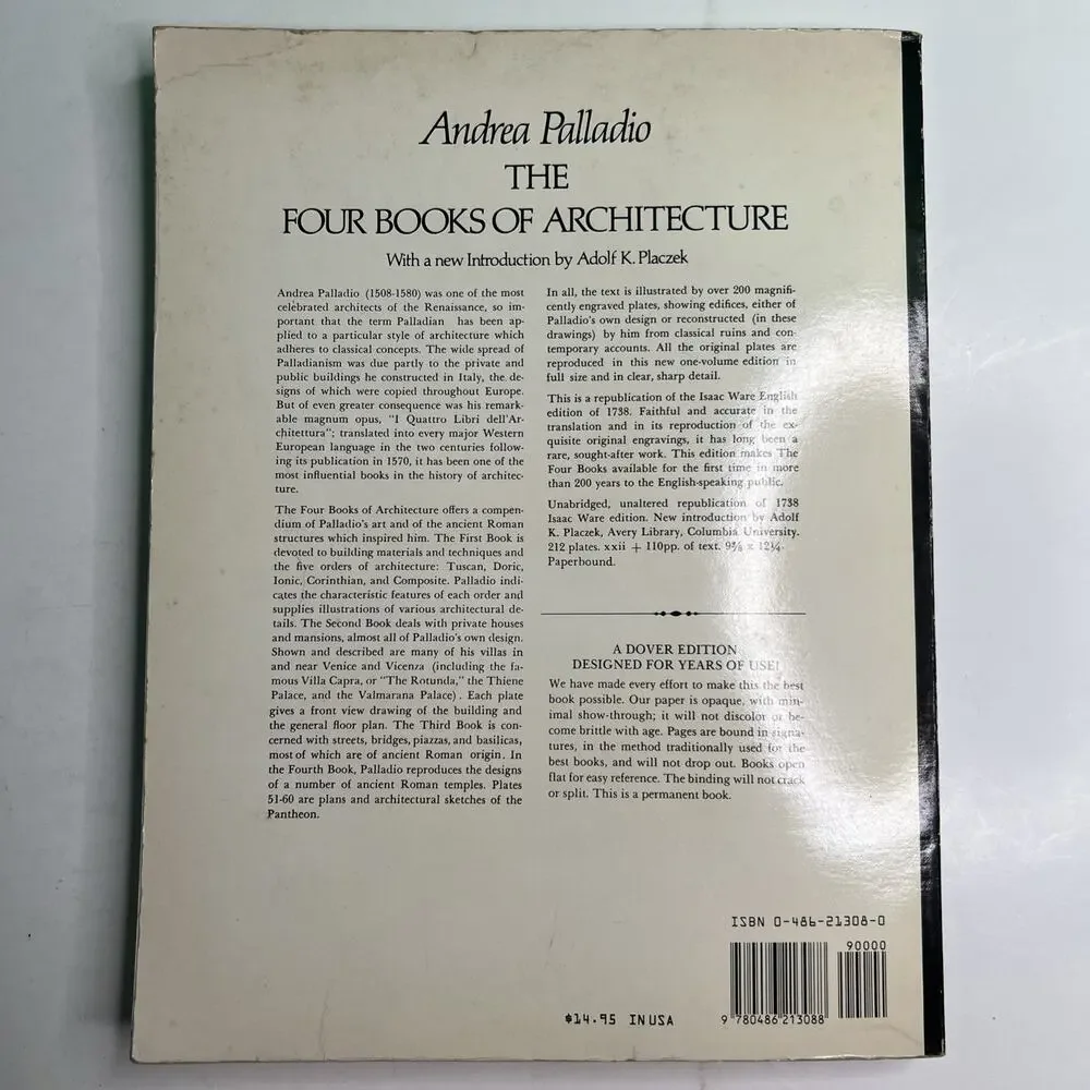Andrea Palladio THE FOUR BOOKS OF ARCHITECTURE 1965 Dover PB Illustrated